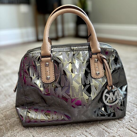 Michael Kors Handbags - Michael Kors Signature Embossed Satchel Purse Hand Bag Silver Patent Leather EUC
